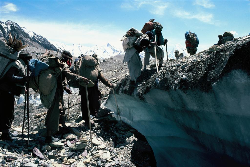 Caravan traversing Baltoro Glacier